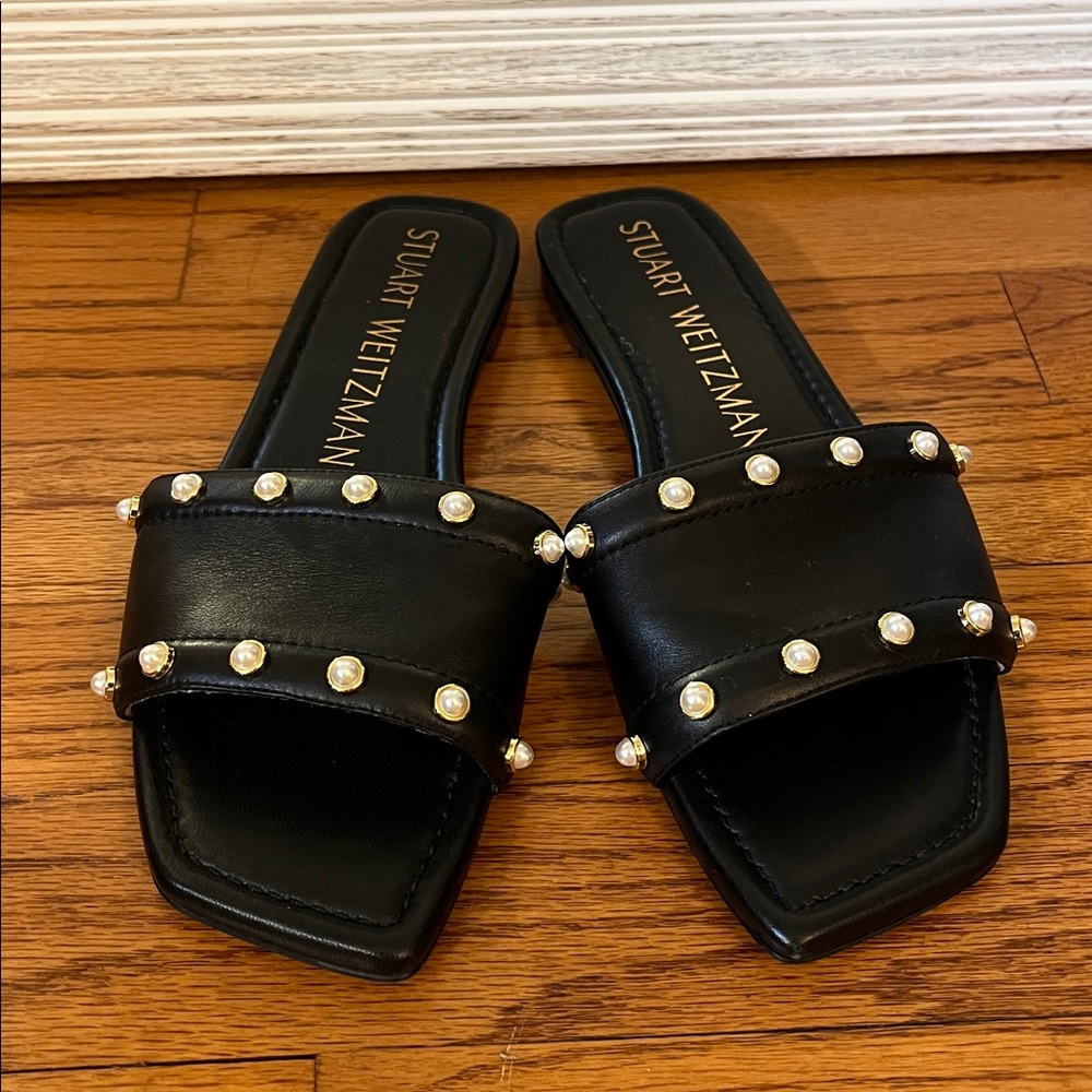 Stuart Weitzman Black Sandals with Pearl Details